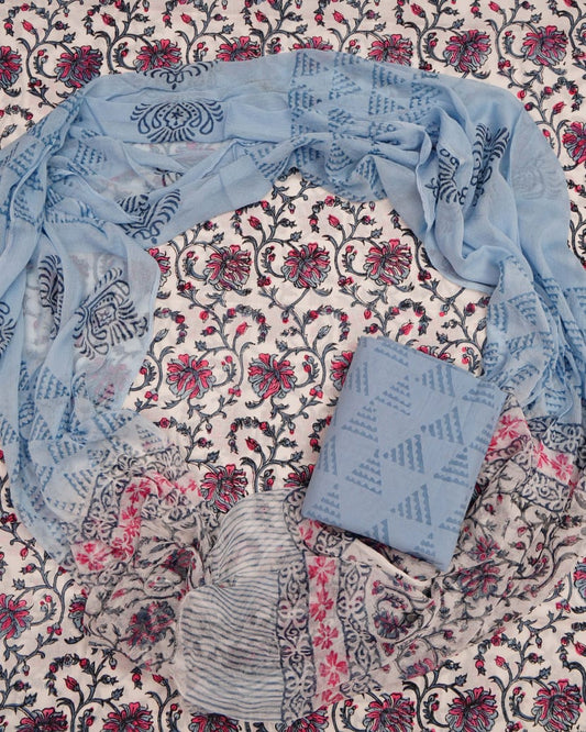 Hand Block Printed Pure Cotton Unstitched Suit With Chiffon Dupatta