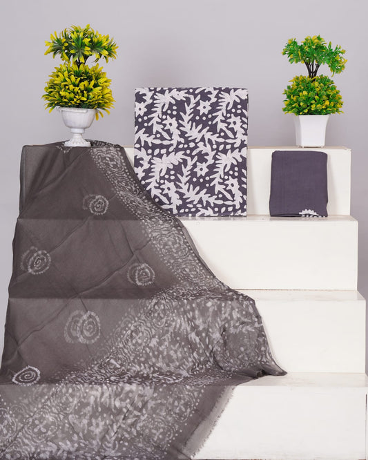 (BATIK) Hand Block Printed Pure Cotton Unstitched Suit With Chiffon Dupatta