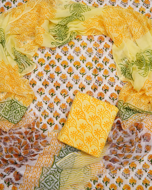 Hand Block Printed Pure Cotton Unstitched Suit With Chiffon Dupatta