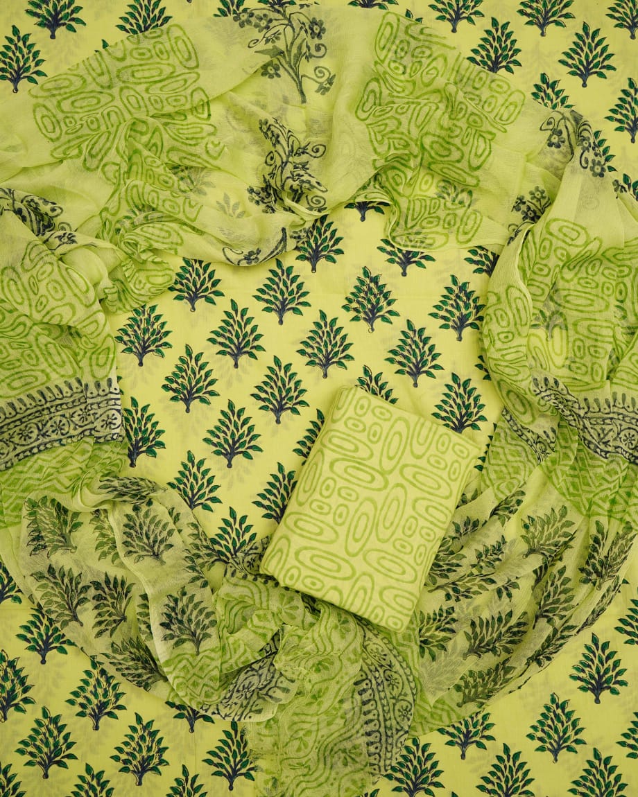 Hand Block Printed Pure Cotton Unstitched Suit With Chiffon Dupatta