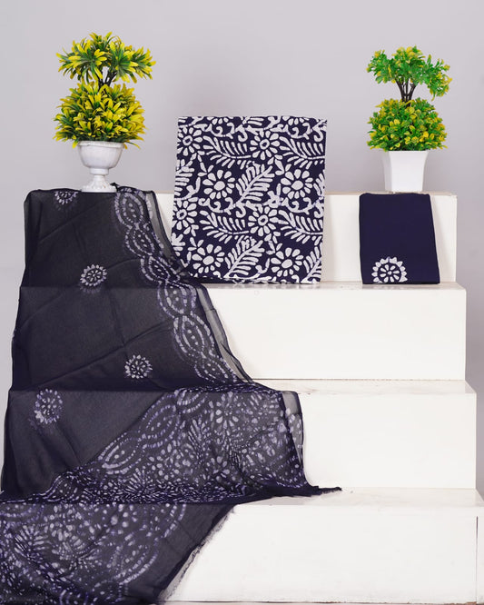 (BATIK) Hand Block Printed Pure Cotton Unstitched Suit With Chiffon Dupatta