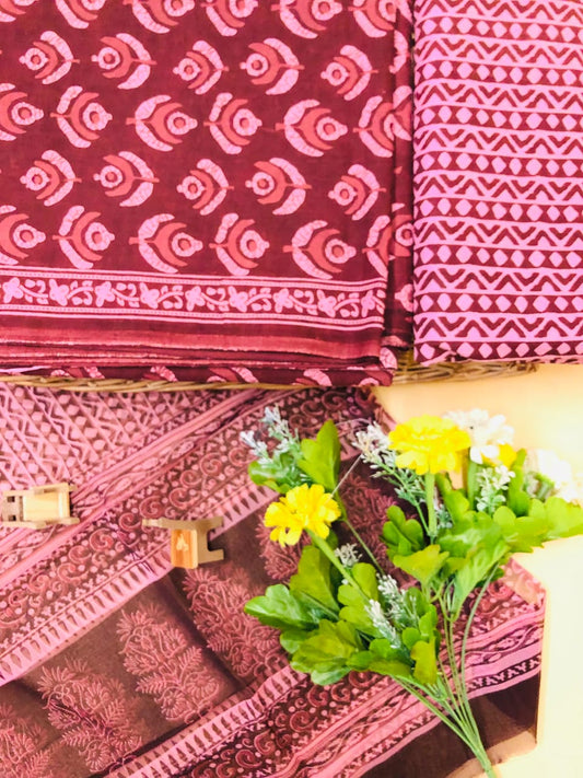 Hand Block Printed Pure Cotton Unstitched Suit With Chiffon Dupatta