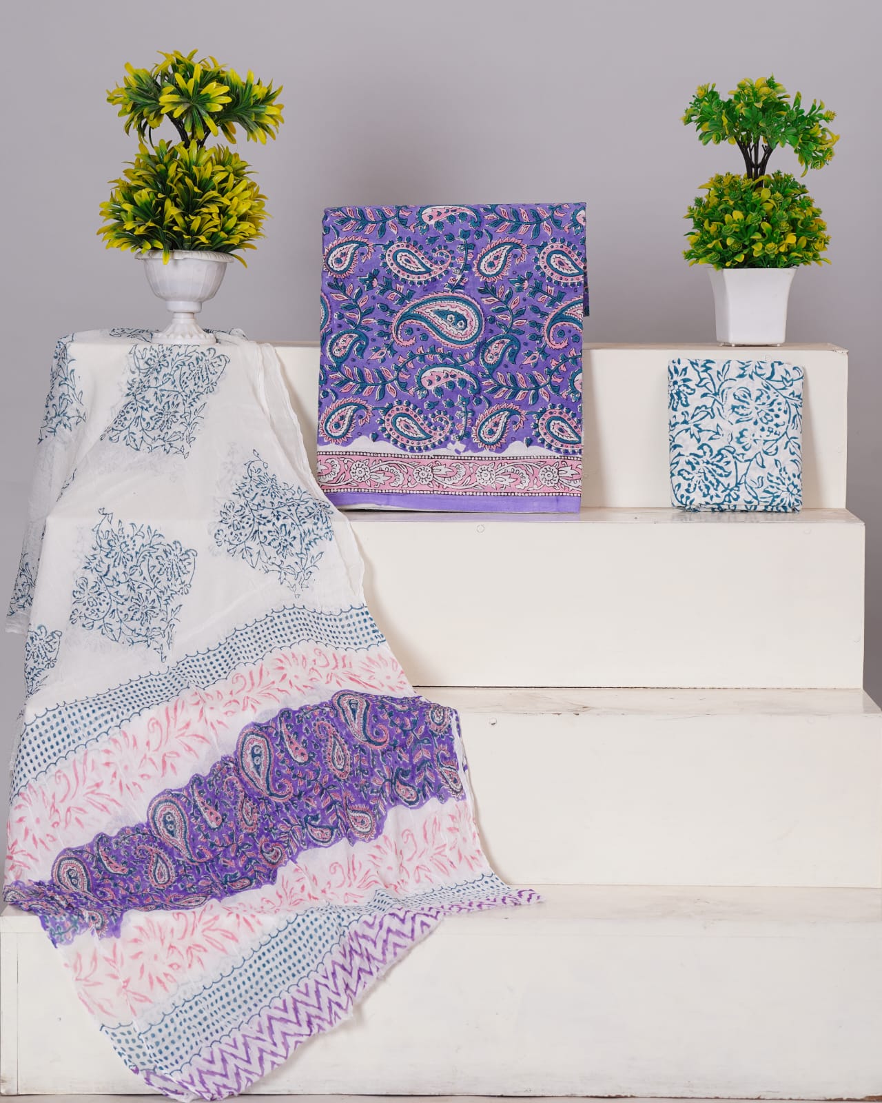 Hand Block Printed Pure Cotton Unstitched Suit With Chiffon Dupatta