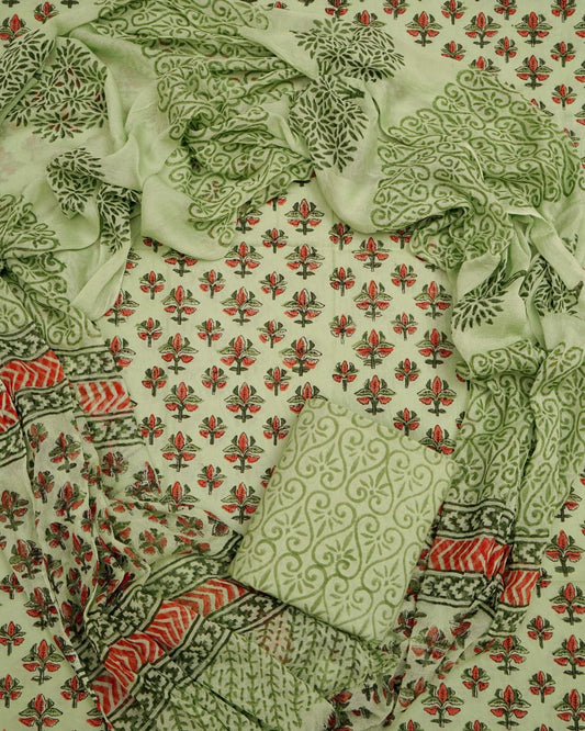 Hand Block Printed Pure Cotton Unstitched Suit With Chiffon Dupatta