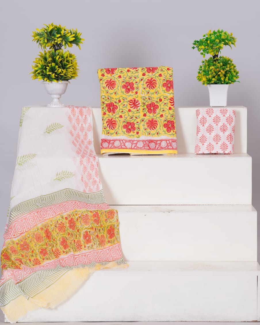 Hand Block Printed Pure Cotton Unstitched Suit With Chiffon Dupatta