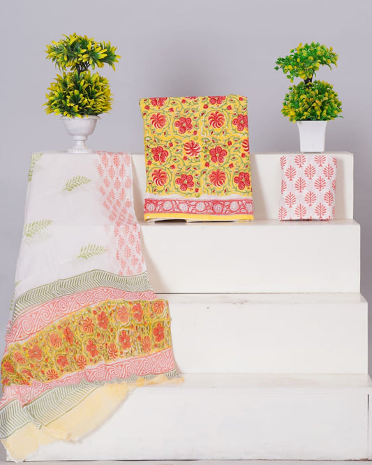 Hand Block Printed Pure Cotton Unstitched Suit With Chiffon Dupatta