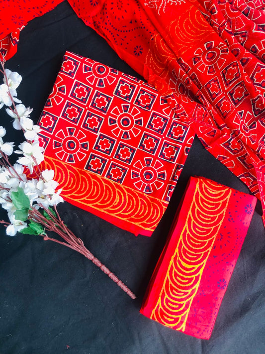 Hand Block Printed Pure Cotton Unstitched Suit With Chiffon Dupatta