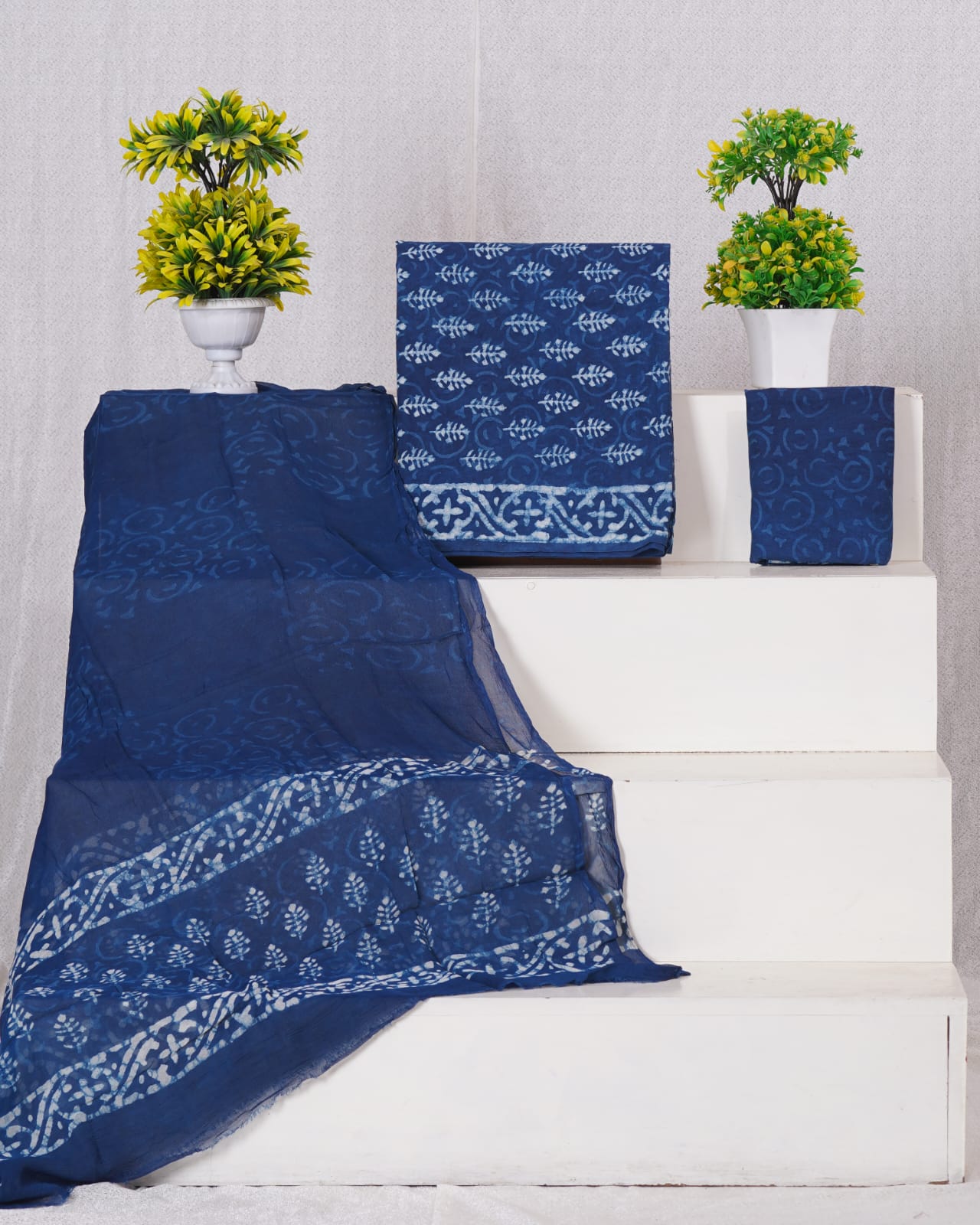 Hand Block Printed Pure Cotton Unstitched Suit With Chiffon Dupatta