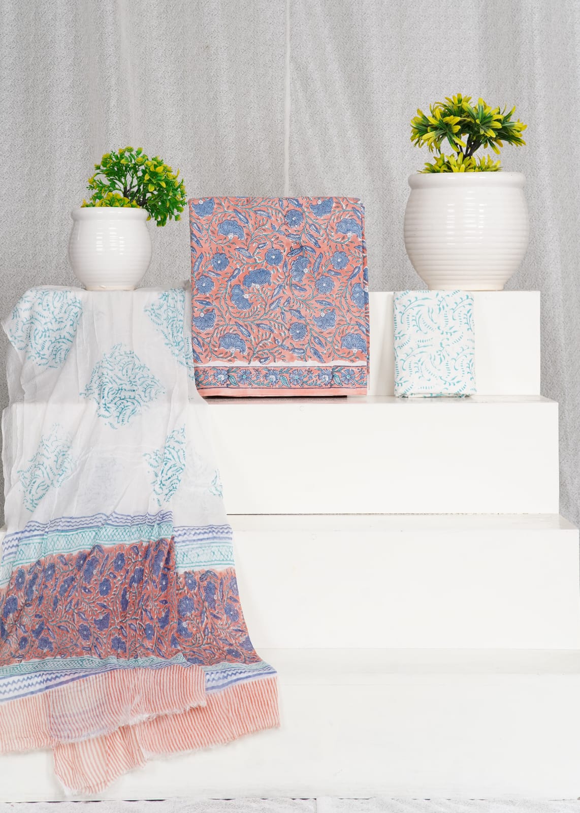 Hand Block Printed Pure Cotton Unstitched Suit With Chiffon Dupatta