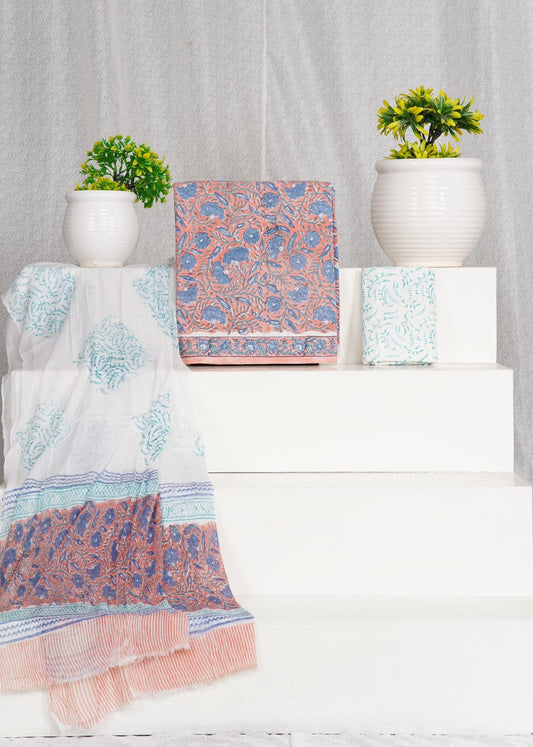 Hand Block Printed Pure Cotton Unstitched Suit With Chiffon Dupatta
