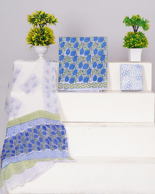 Hand Block Printed Pure Cotton Unstitched Suit With Chiffon Dupatta