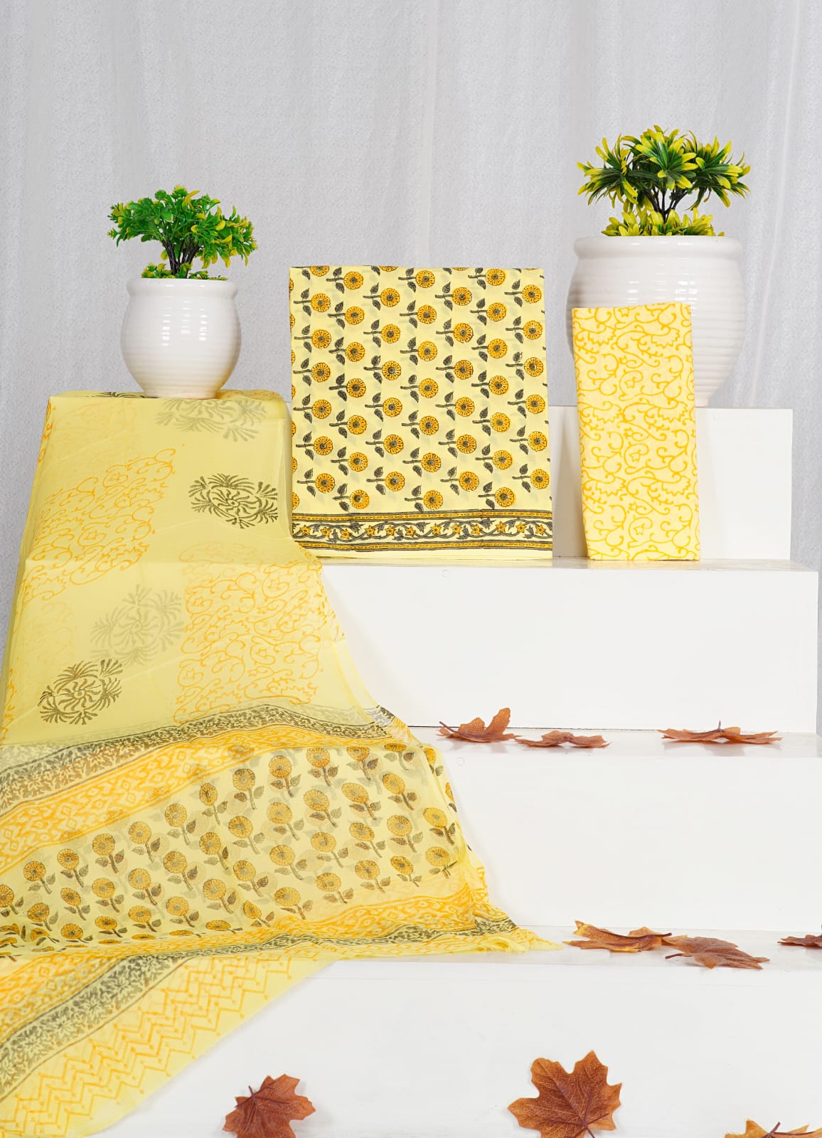 Hand Block Printed Pure Cotton Unstitched Suit With Chiffon Dupatta