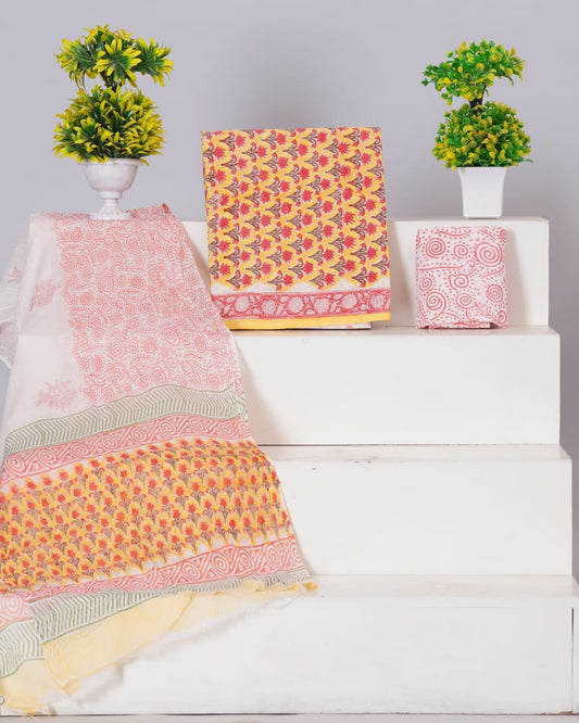 Hand Block Printed Pure Cotton Unstitched Suit With Chiffon Dupatta