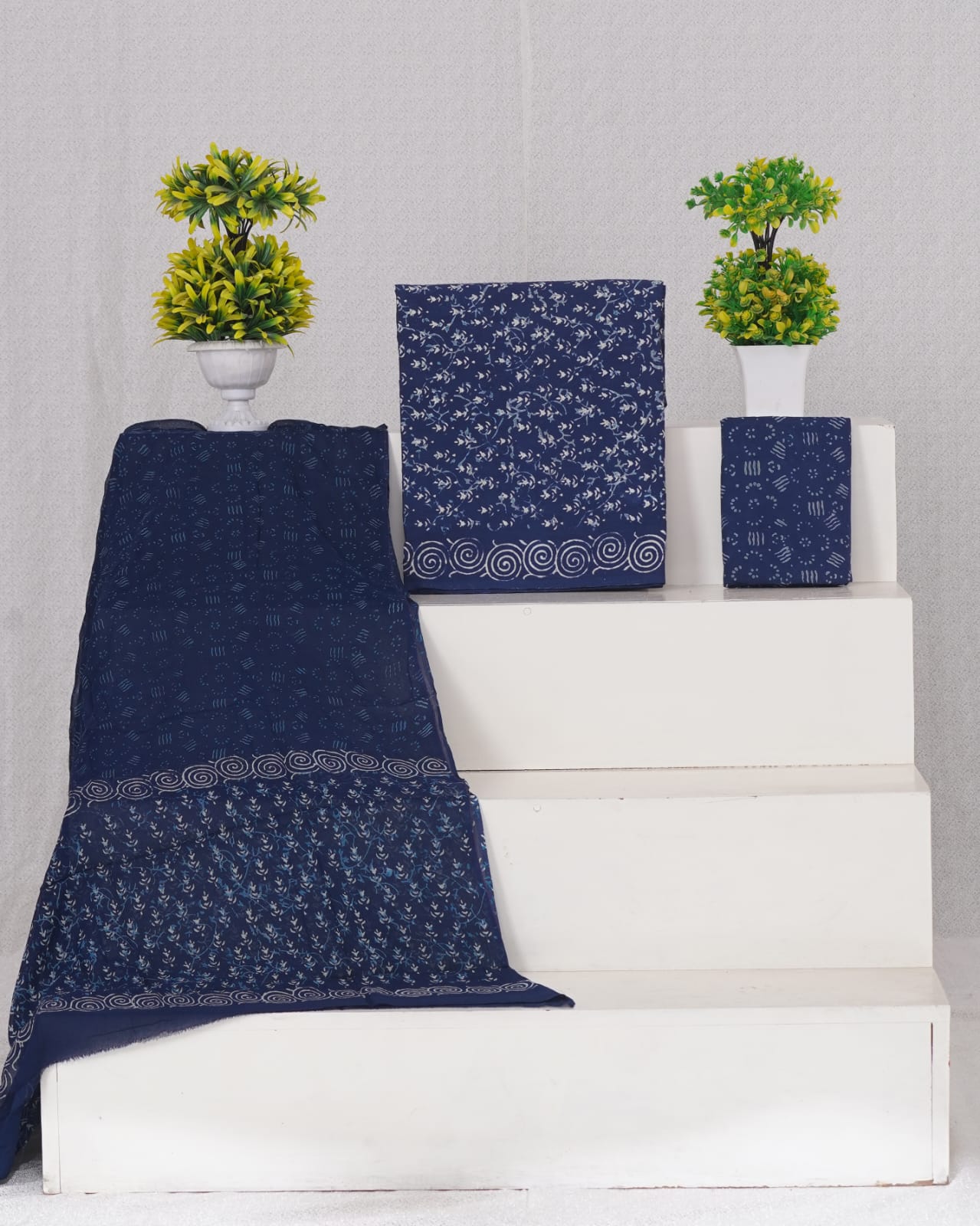 Hand Block Printed Pure Cotton Unstitched Suit With Chiffon Dupatta