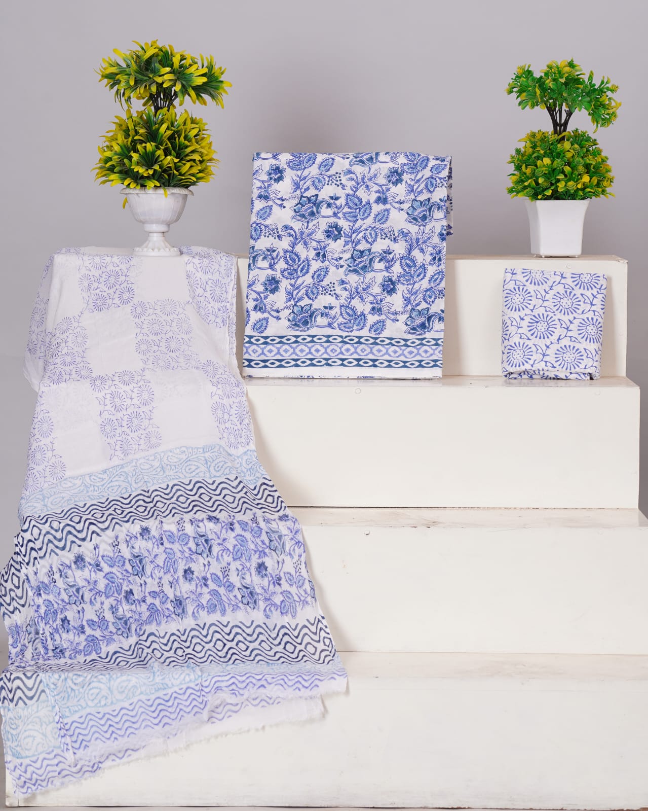 Hand Block Printed Pure Cotton Unstitched Suit With Chiffon Dupatta