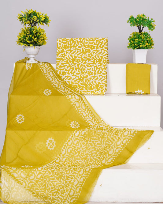 Hand Block Printed Pure Cotton Unstitched Suit With Chiffon Dupatta