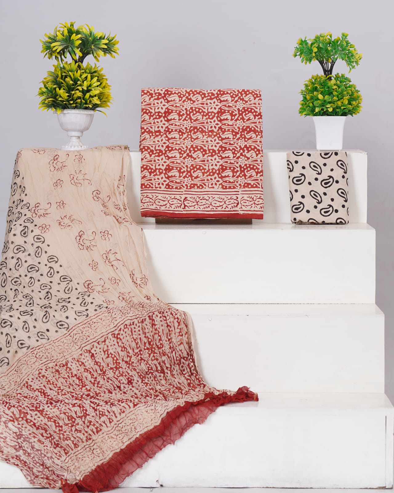 Hand Block Printed Pure Cotton Unstitched Suit With Chiffon Dupatta