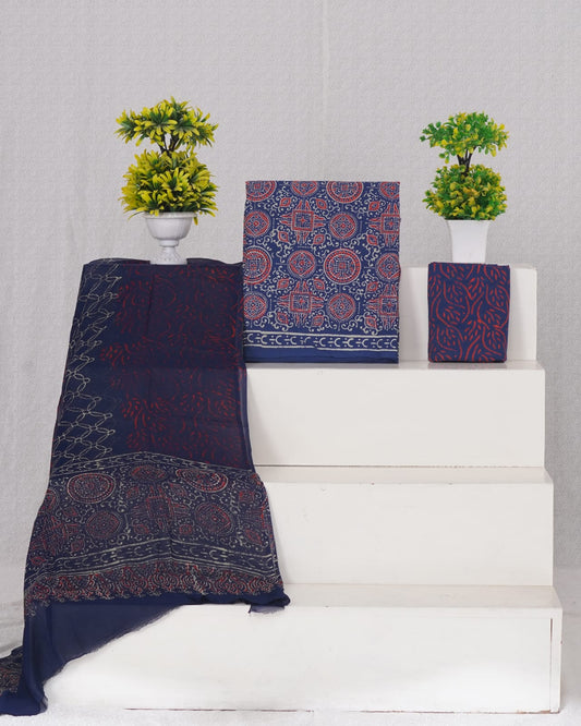Hand Block Printed Pure Cotton Unstitched Suit With Chiffon Dupatta