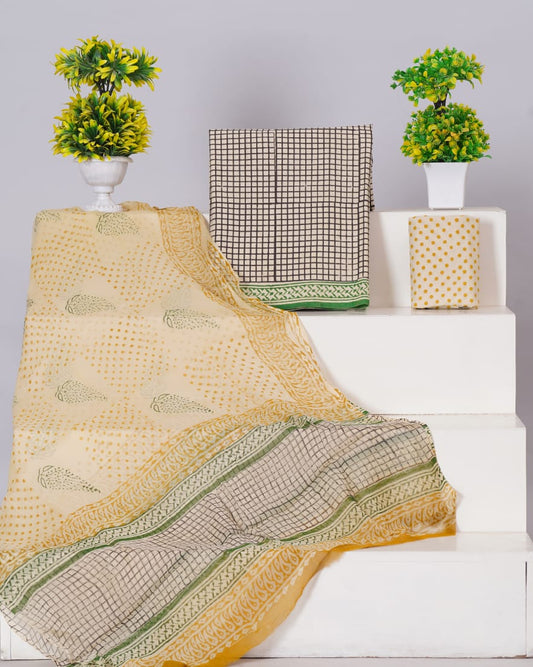 Hand Block Printed Pure Cotton Unstitched Suit With Chiffon Dupatta