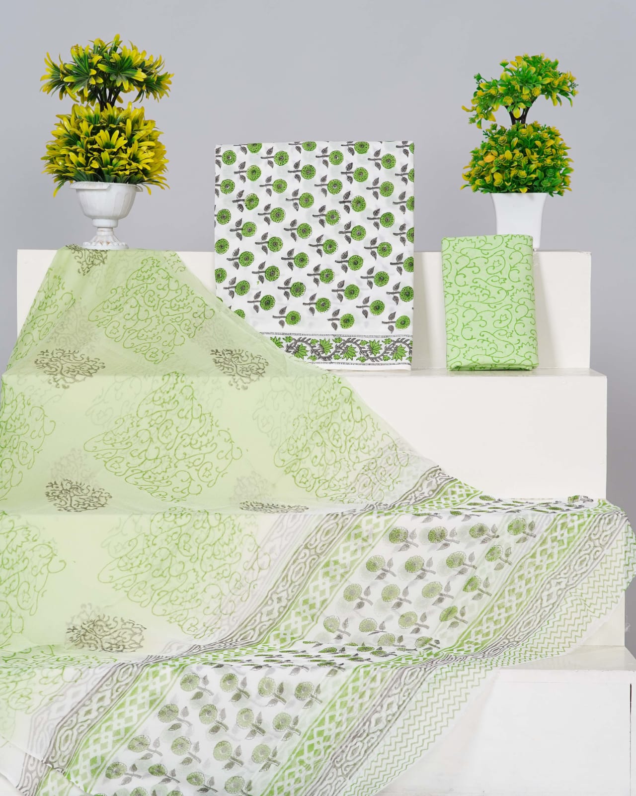 Hand Block Printed Pure Cotton Unstitched Suit With Chiffon Dupatta