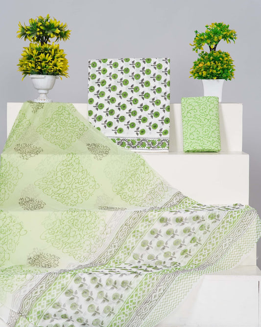 Hand Block Printed Pure Cotton Unstitched Suit With Chiffon Dupatta