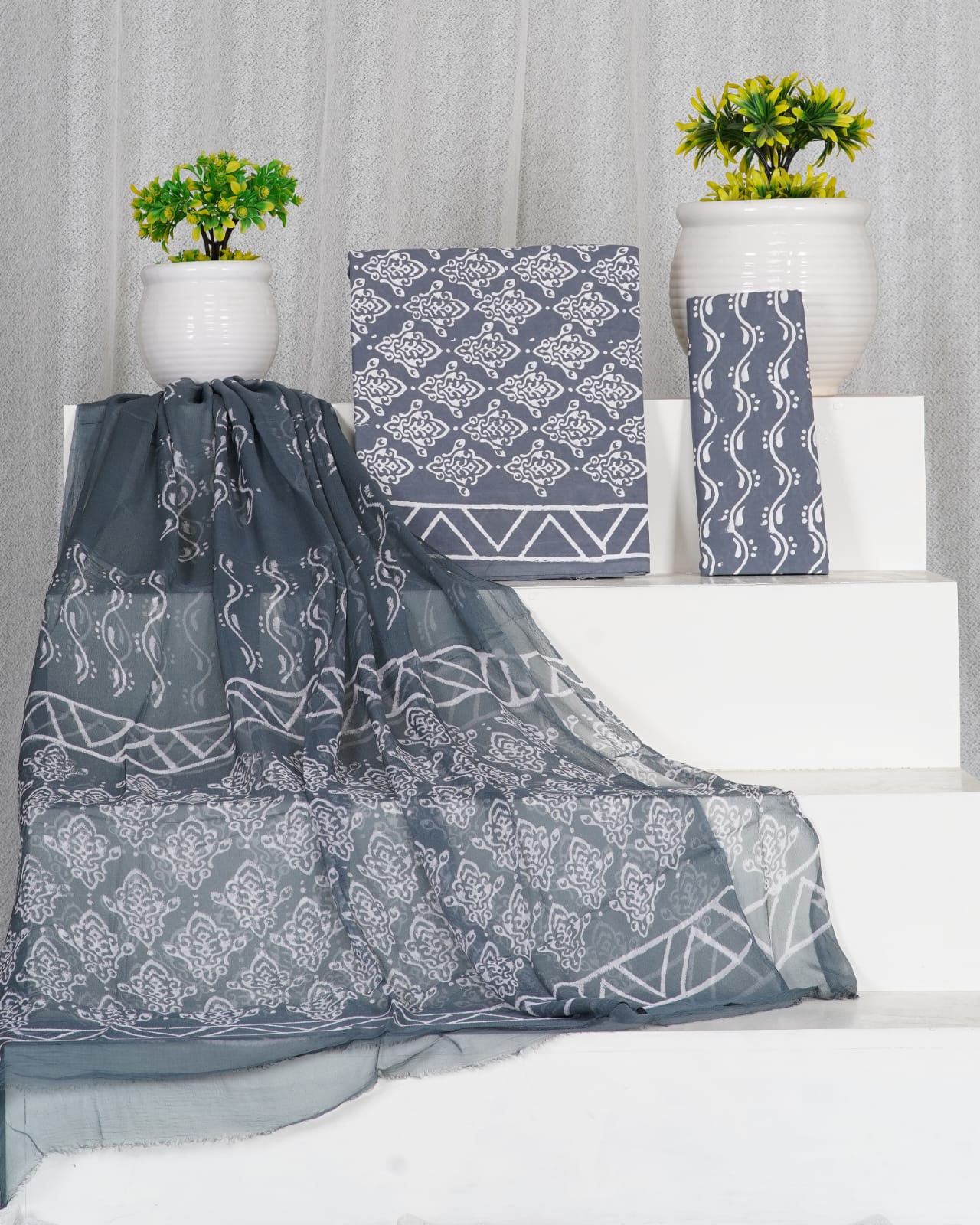 Hand Block Printed Pure Cotton Unstitched Suit With Chiffon Dupatta