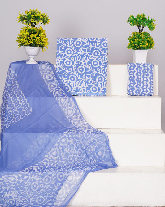 Hand Block Printed Pure Cotton Unstitched Suit With Chiffon Dupatta