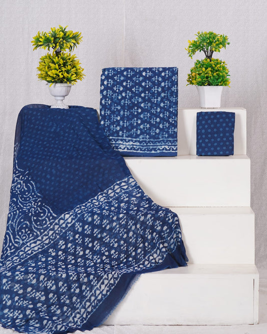 Hand Block Printed Pure Cotton Unstitched Suit With Chiffon Dupatta