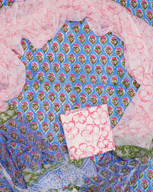 Hand Block Printed Pure Cotton Unstitched Suit With Chiffon Dupatta