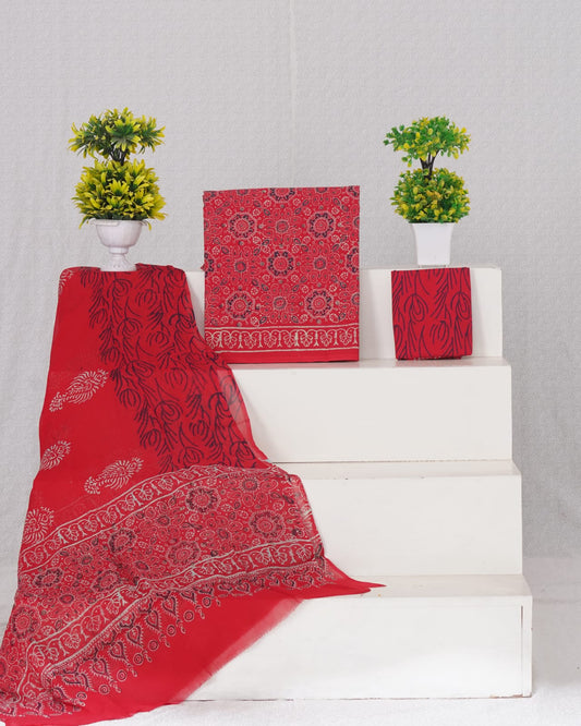 Hand Block Printed Pure Cotton Unstitched Suit With Chiffon Dupatta