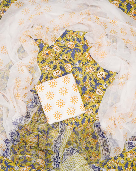 Hand Block Printed Pure Cotton Unstitched Suit With Chiffon Dupatta