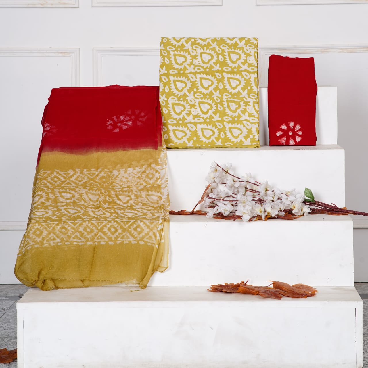 Hand Block Printed Pure Cotton Unstitched Suit With Chiffon Dupatta