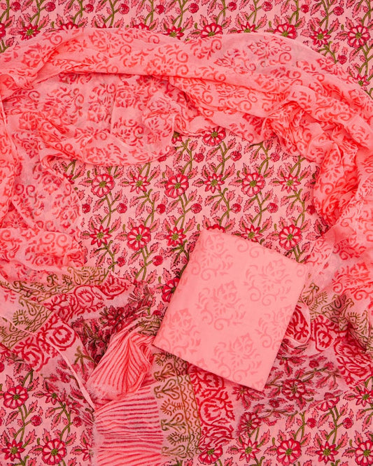 Hand Block Printed Pure Cotton Unstitched Suit With Chiffon Dupatta