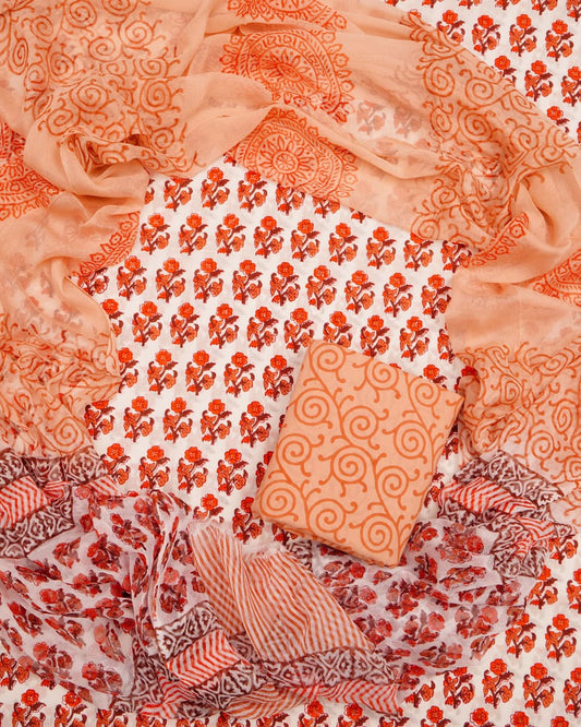 Hand Block Printed Pure Cotton Unstitched Suit With Chiffon Dupatta