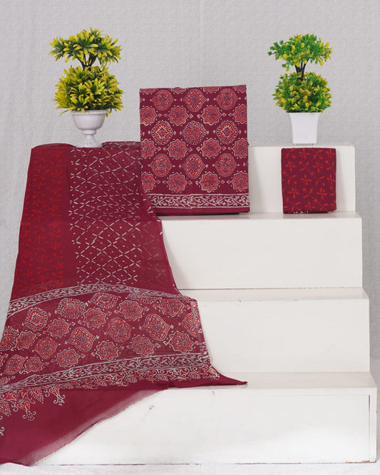 Hand Block Printed Pure Cotton Unstitched Suit With Chiffon Dupatta