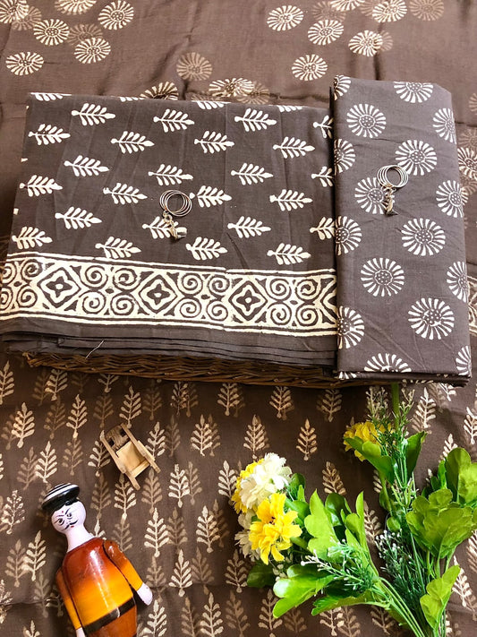 Hand Block Printed Pure Cotton Unstitched Suit With Chiffon Dupatta