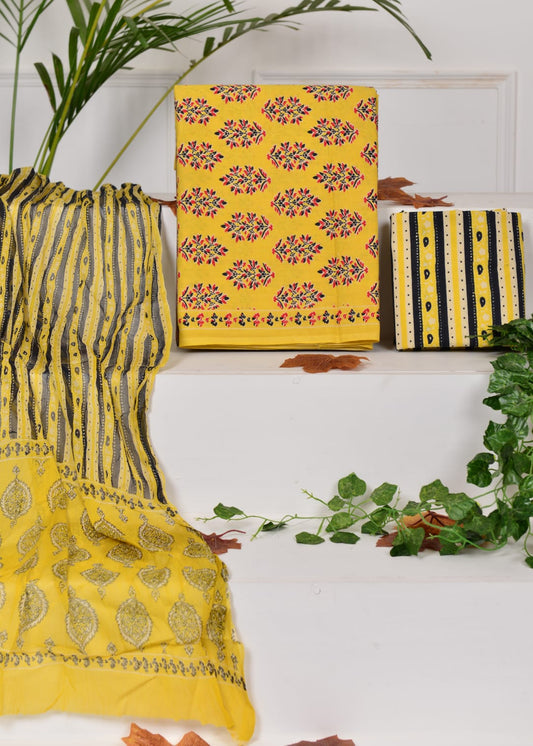 Hand Block Printed Pure Cotton Unstitched Suit With Chiffon Dupatta