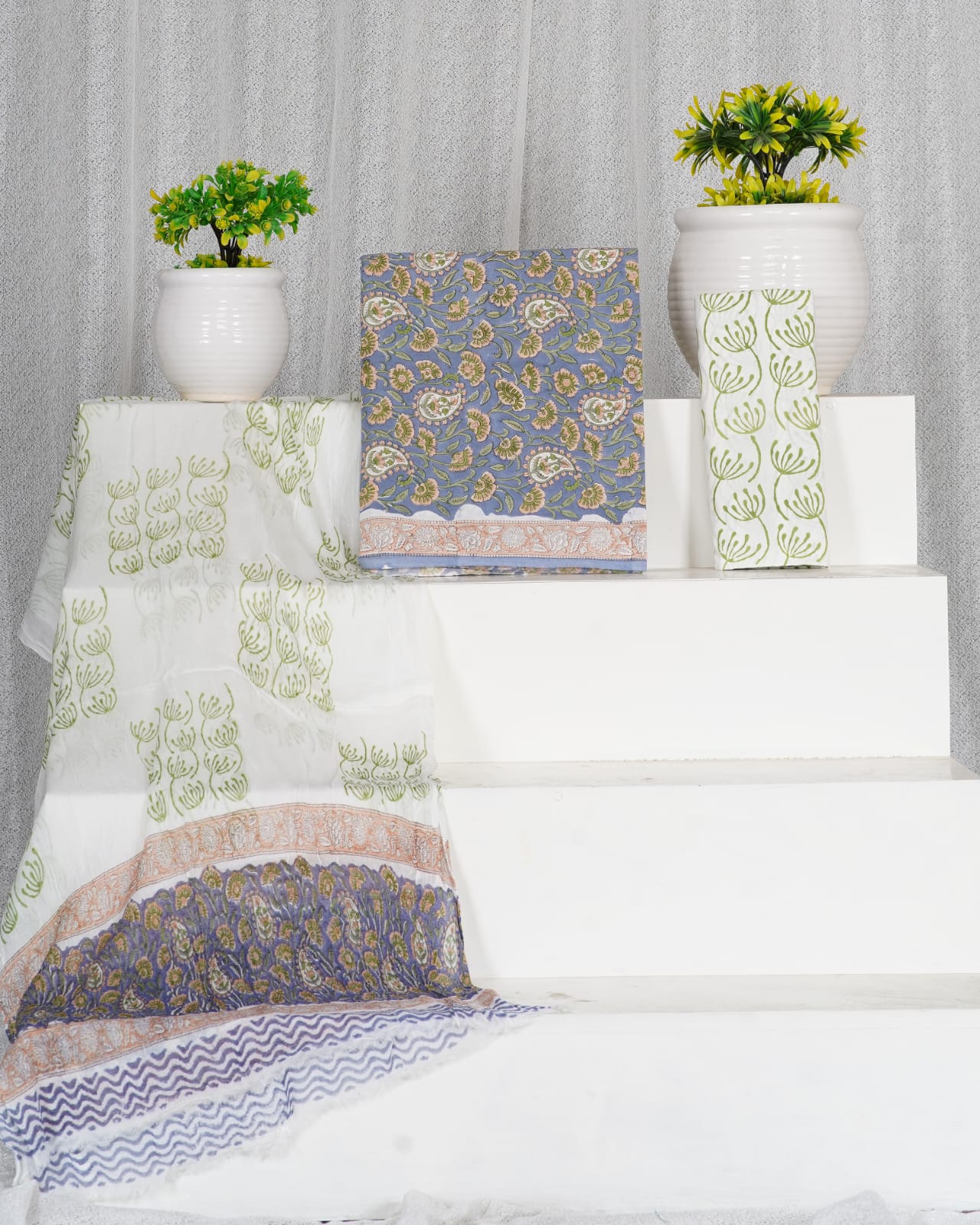 Hand Block Printed Pure Cotton Unstitched Suit With Chiffon Dupatta