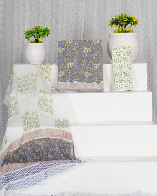 Hand Block Printed Pure Cotton Unstitched Suit With Chiffon Dupatta