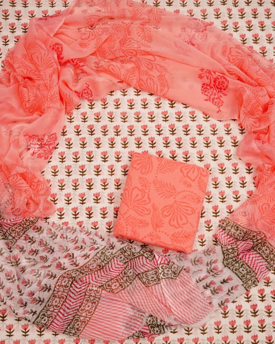 Hand Block Printed Pure Cotton Unstitched Suit With Chiffon Dupatta