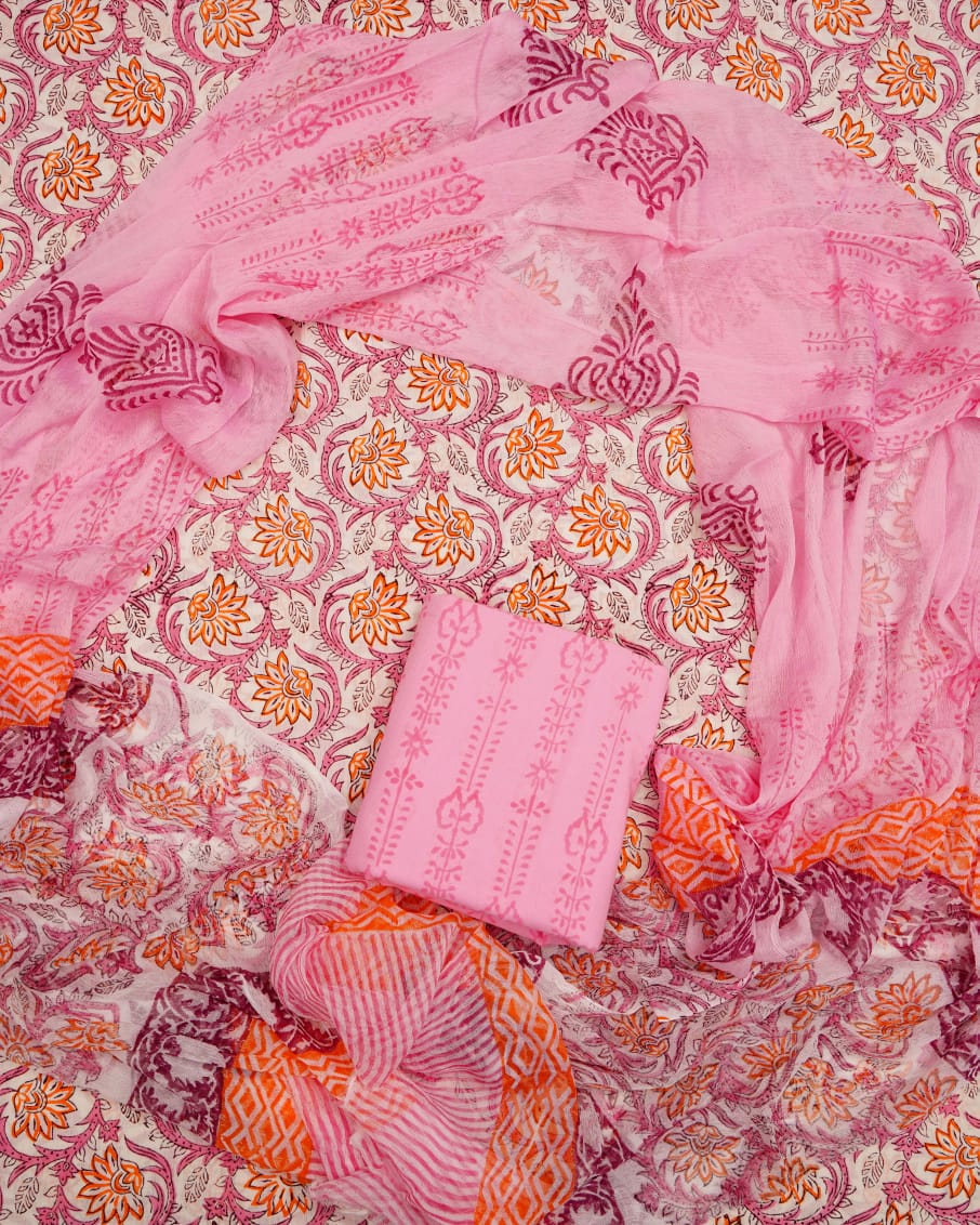 Hand Block Printed Pure Cotton Unstitched Suit With Chiffon Dupatta