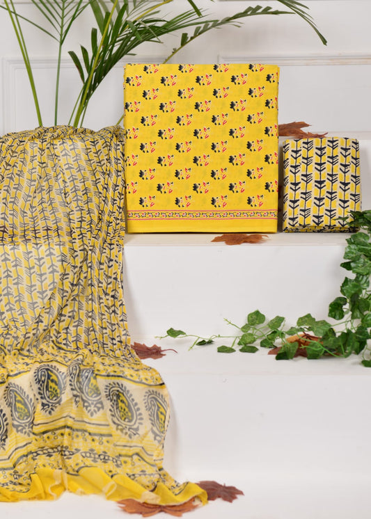 Hand Block Printed Pure Cotton Unstitched Suit With Chiffon Dupatta