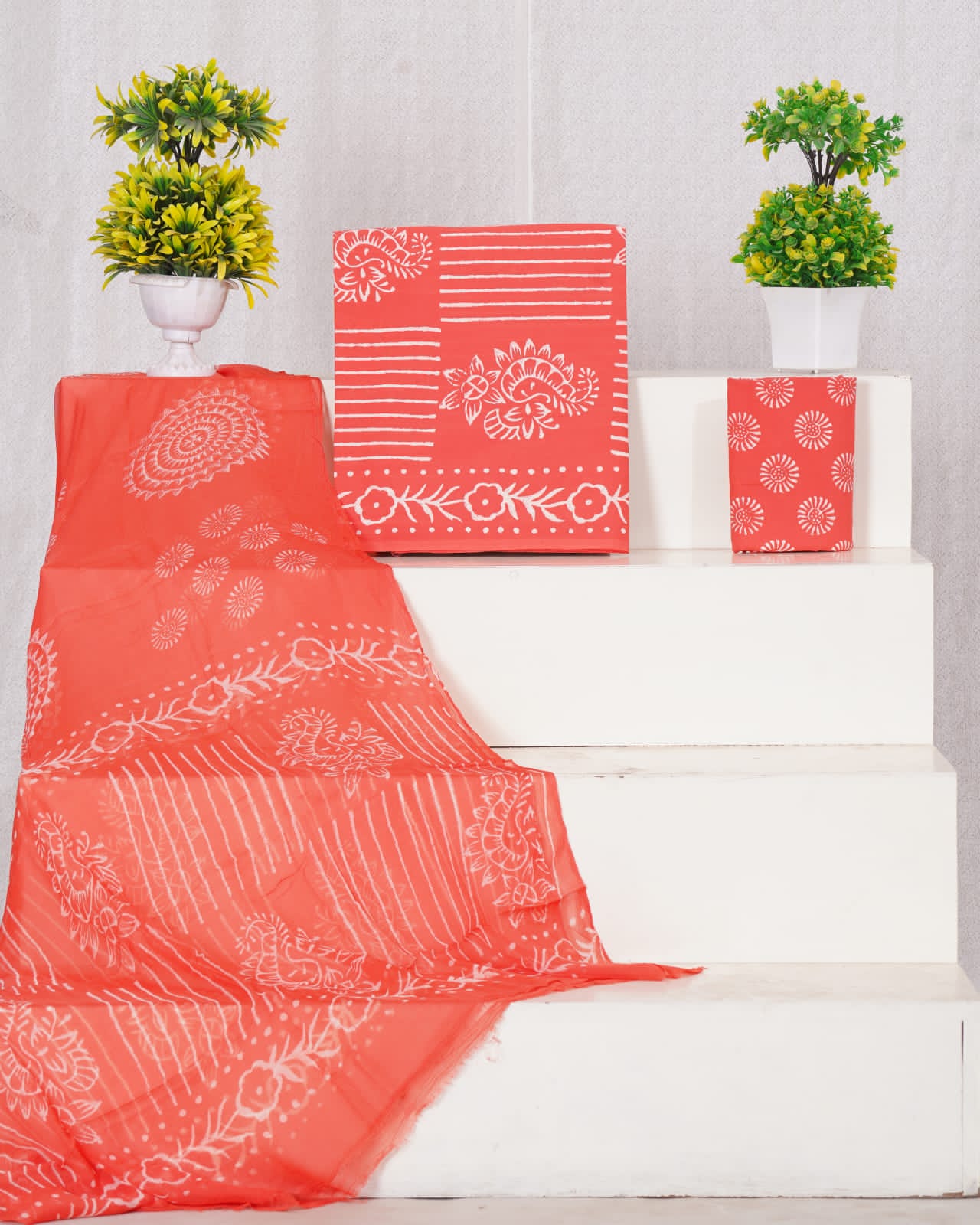 Hand Block Printed Pure Cotton Unstitched Suit With Chiffon Dupatta