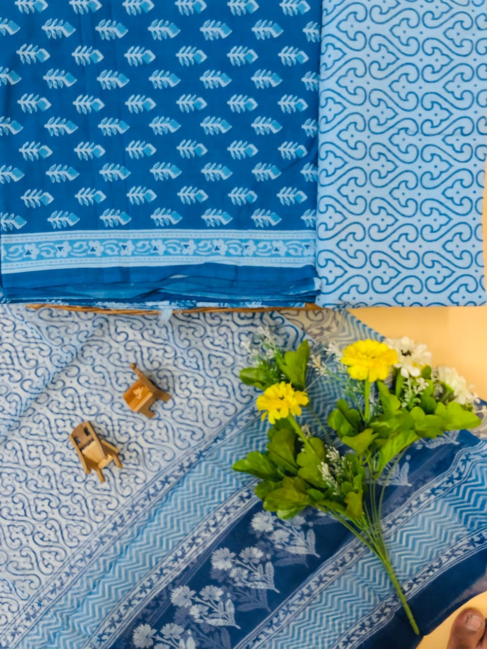 Hand Block Printed Pure Cotton Unstitched Suit With Chiffon Dupatta