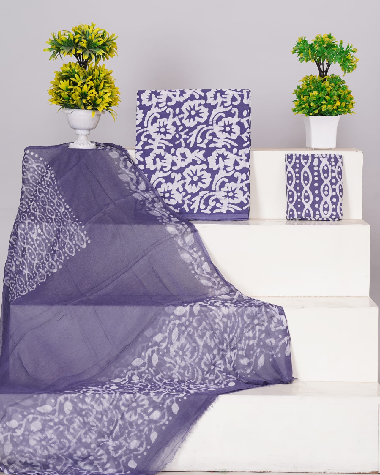 Hand Block Printed Pure Cotton Unstitched Suit With Chiffon Dupatta