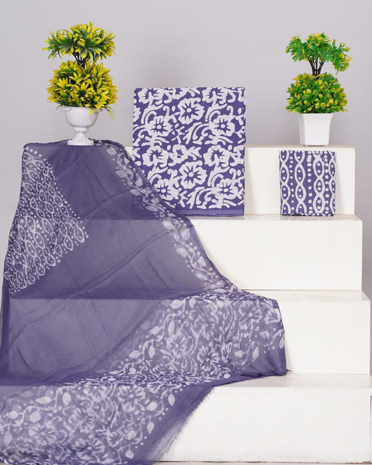 Hand Block Printed Pure Cotton Unstitched Suit With Chiffon Dupatta