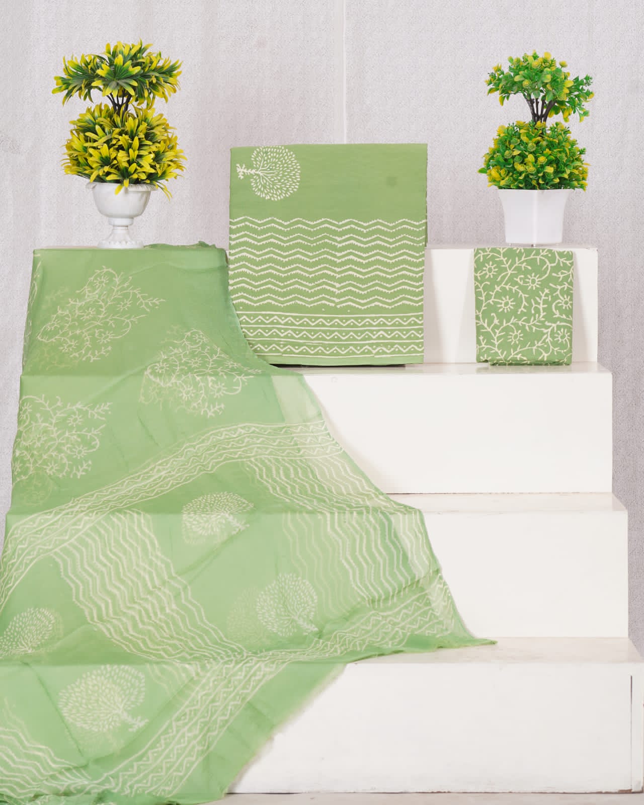 Hand Block Printed Pure Cotton Unstitched Suit With Chiffon Dupatta