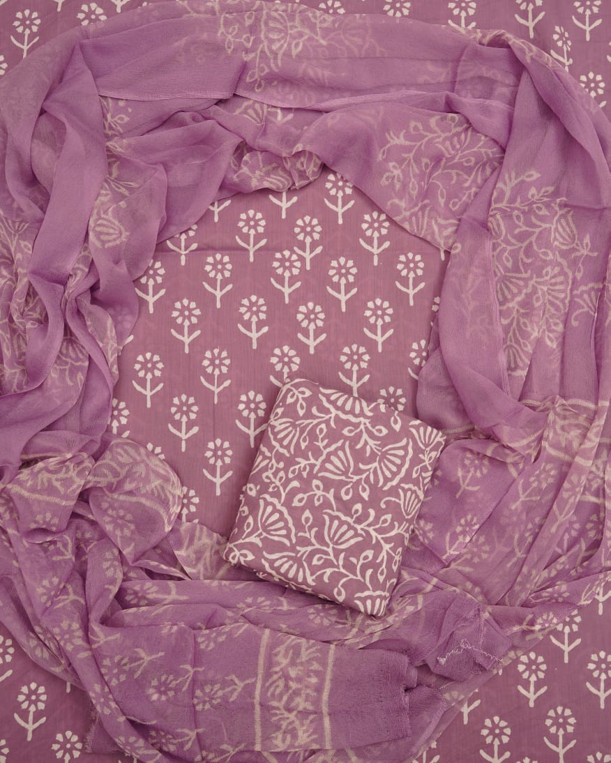 Hand Block Printed Pure Cotton Unstitched Suit With Chiffon Dupatta