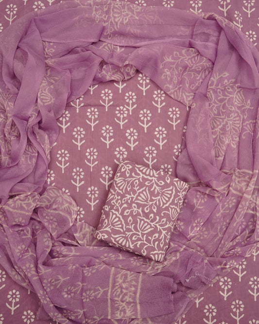 Hand Block Printed Pure Cotton Unstitched Suit With Chiffon Dupatta