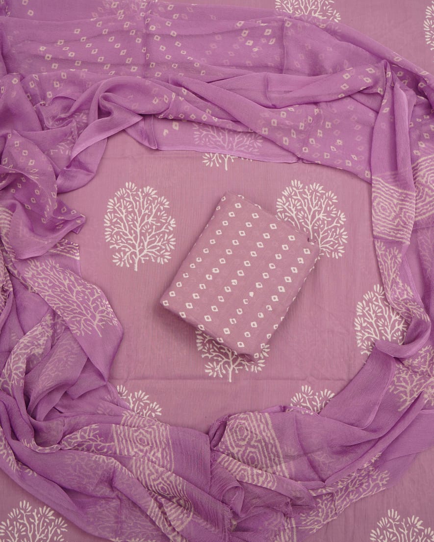 Hand Block Printed Pure Cotton Unstitched Suit With Chiffon Dupatta